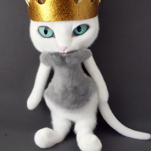 Image similar to gray anthropomorphic, cat female with a whit and chest, wearing a golden crown, big blue eyes, plushy