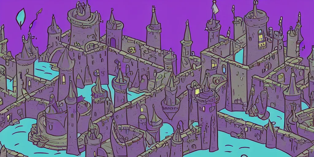 Prompt: a subterranean magic castle surrounded by a moat, underground catacombs lake castle, digital illustration, a house of many doors art, flat colors, blue and purple color scheme, pixel trickery studios game artwork,