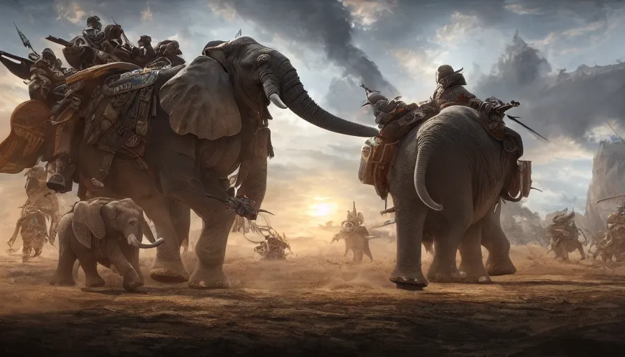 Image similar to matte painting of a beautiful fight scene of two warloads ride on their war - elephents in the center of the scene, digital art, trending on artstation