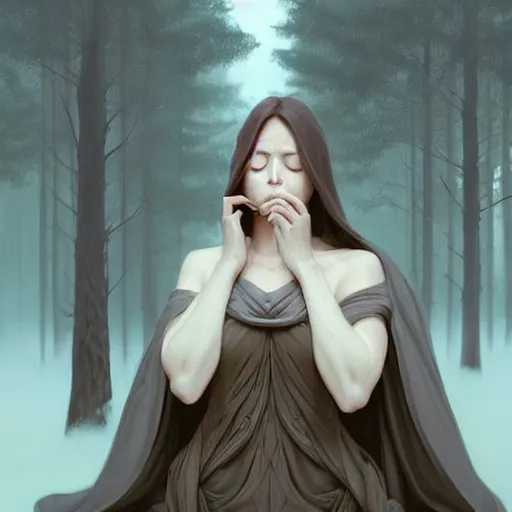 Image similar to wide angle, cloaked woman, sleeping on base of tree, white grey blue color palette, eyes closed, forest, female, d & d, fantasy, intricate, elegant, highly detailed, long brown hair, digital painting, artstation, octane render, concept art, matte, sharp focus, illustration, hearthstone, art by artgerm, alphonse mucha johannes voss