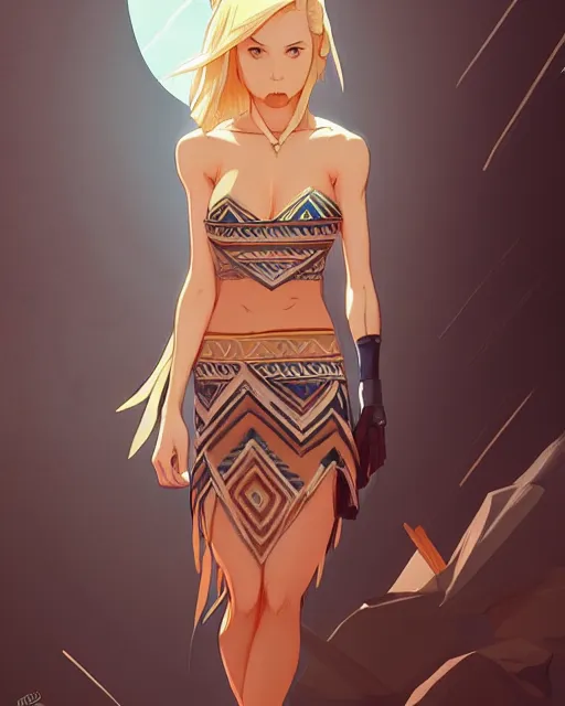 Image similar to blond woman in a tribal ripped dress, by artgerm, by studio muti, greg rutkowski makoto shinkai takashi takeuchi studio ghibli