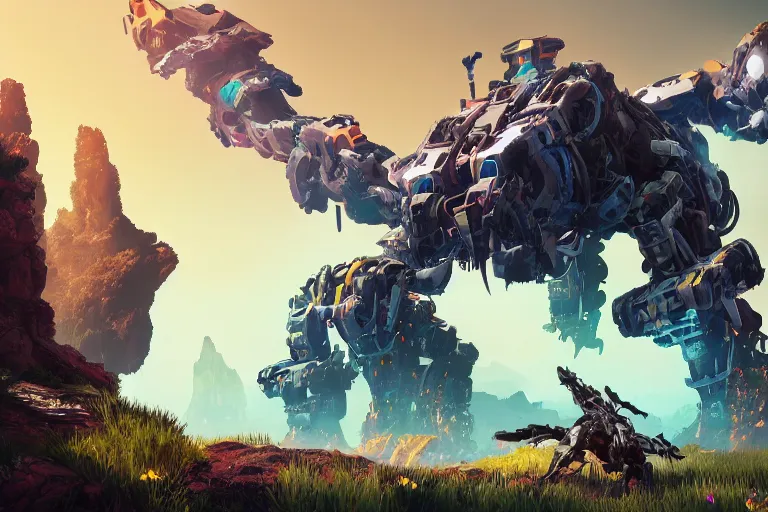 Image similar to behemoth machine mecha animal beast robot of horizon forbidden west horizon zero dawn bioluminiscence global illumination ray tracing hdr fanart arstation by sung choi and eric pfeiffer and gabriel garza and casper konefal