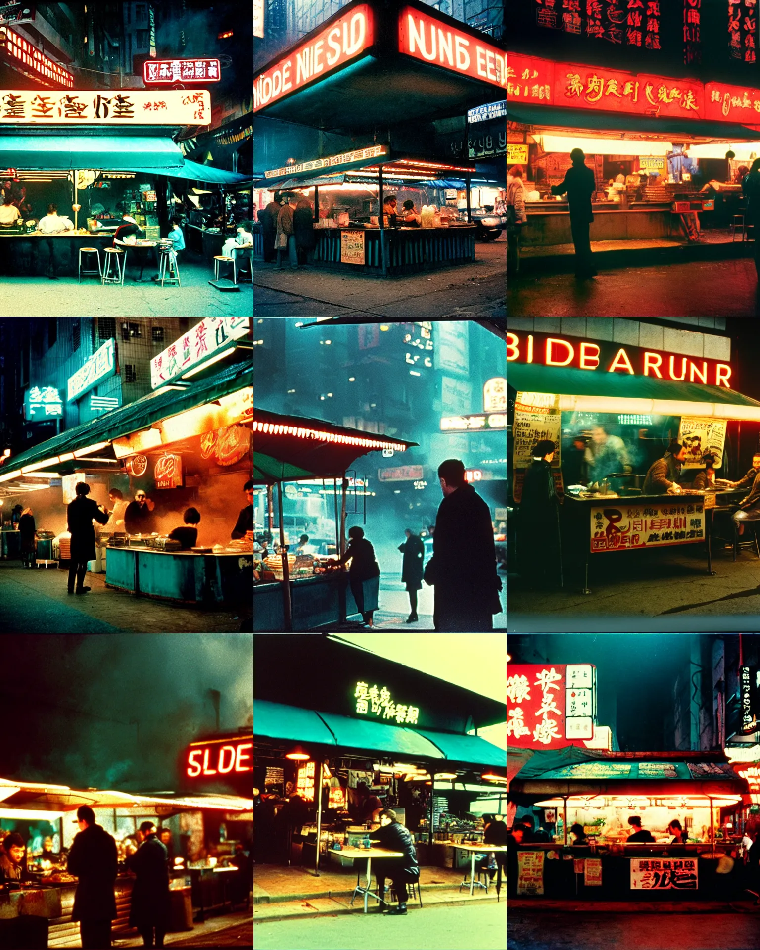 Prompt: blade runner movie still of an outdoor noodle stand, establishing shot, customers eating at the outdoor noodle stand, steamy, dark teal lighting, soft dramatic lighting, sharp focus, 3 5 mm film, wide shot