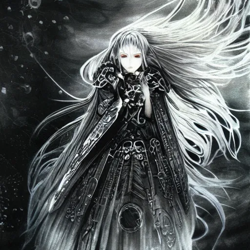 Image similar to Yoshitaka Amano blurred and dreamy illustration of an anime girl with wavy white hair and cracks on her face wearing Elden ring armour with the cape fluttering in the wind, abstract black and white patterns on the background, noisy film grain effect, highly detailed, Renaissance oil painting, weird portrait angle