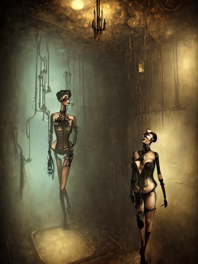 Prompt: inside a steampunk steam room with goth corset on a mannequin, misty steam pipes by Anato Finnstark, artstation behance