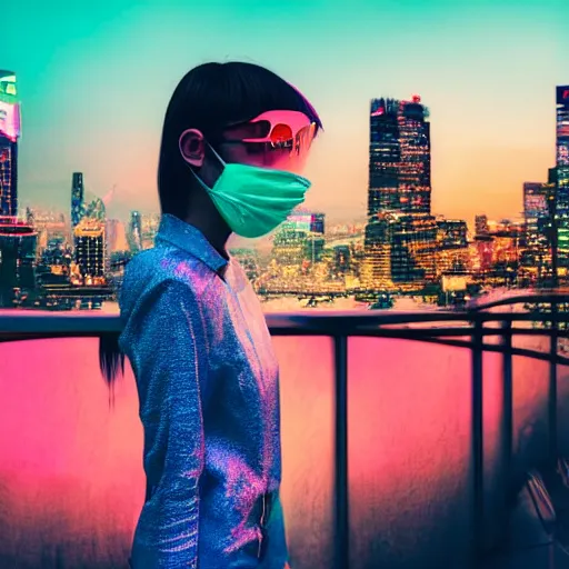 Prompt: girl with neon mask in a retrowave cityscape, 4 k, fhd, - w 9 6 0