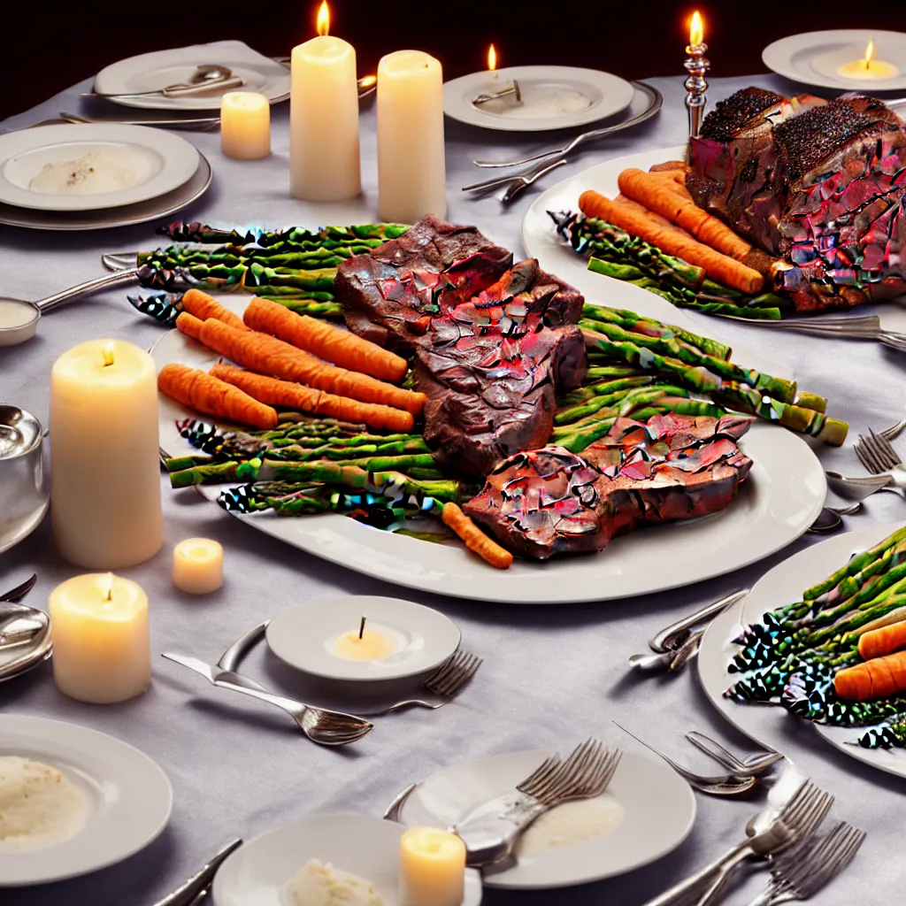 Prompt: product shot of a dinner with prime rib, asparagus, mashed potatoes and gravy, and steamed carrots with blue table cloth and lit candles in ornate silver candlesticks, ultra - realistic, photo realism, professional photograph, extreme detail, deep focus, laser sharp, volumetric lighting, atmospheric, luxury, elite