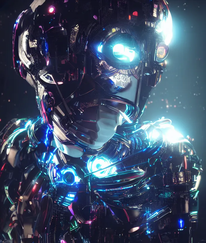 Image similar to japanese model cyborg with digital led panel skin, neon lighting, techno neon projector background, akihiko yoshida style, portrait photo, intricate details, ultra realistic, unreal engine 5, depth of field, bokeh, octane render