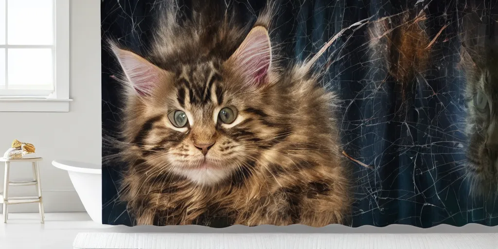 Prompt: a ( ( ( ( ( maine coon kitten ) ) ) ) ) in mandolorian ( tv ) artwork themed shower curtain, shower curtain. digital art. product photography. product lighting. 4 k, highly detailed. saturated.