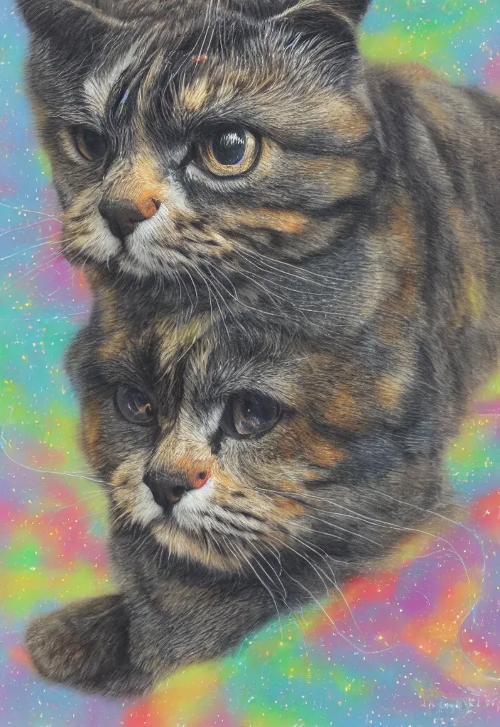 Image similar to cfa champion dark tortie scottish fold cat, stalkimg preyl, data visualization perfect geometry bezier mathematical diagrams hologram overlay revealing sparrows flight trajectory calculation, detailed annotated painting, dark grisaille fluorescent color airbrush spraypaint accents, by jules julien, wes anderson, hannah af klint, t - shirt design 4 k