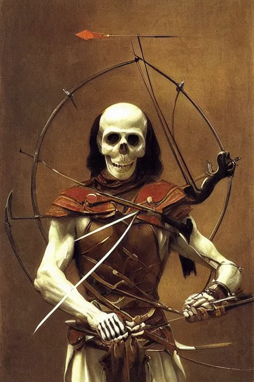 Prompt: portrait of a skeleton archer with bow and arrow in the middle world, wearing helmets with wings, wearing european style armor, holding a sword in both hands, symmetrical, solemn, sacred, aura, by bouguereau