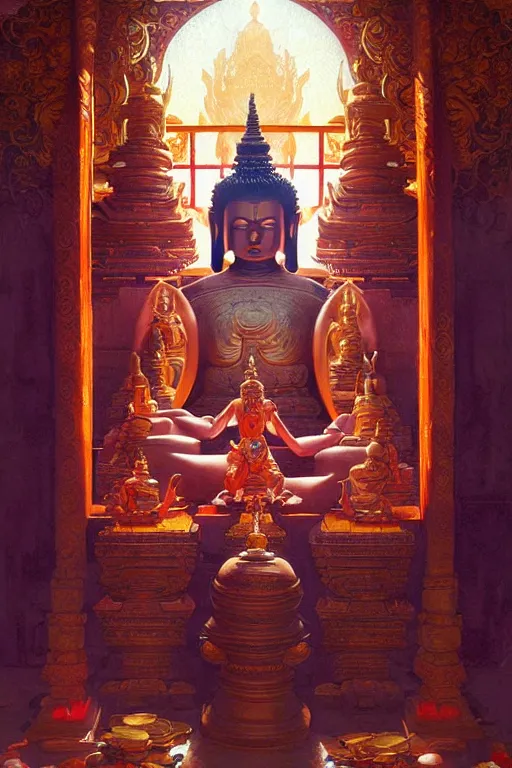 Prompt: temple, buddhism, painting by greg rutkowski, j. c. leyendecker, artgerm