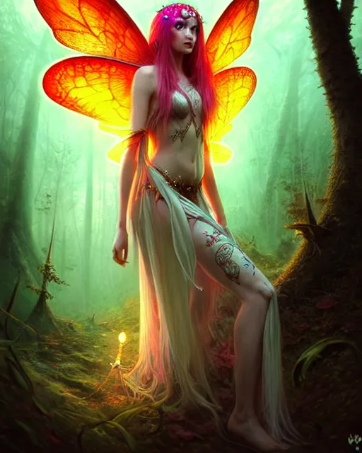 Image similar to stunningly beautiful female faerie priestess in amanita muscaria forest landscape, symmetrical wings on back, symmetrical face, neon hair, fantasy art, dark light night, sharp focus, digital painting, 4 k, concept art, art by wlop, artgerm, greg rutkowski and alphonse mucha