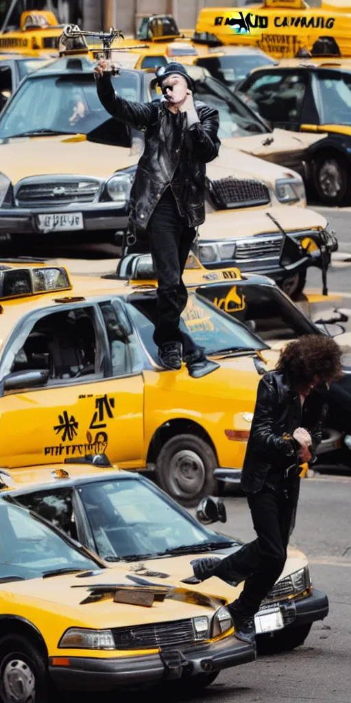 Image similar to of a punk Rock trumpet player really getting into a solo onto of a pile of taxi cars