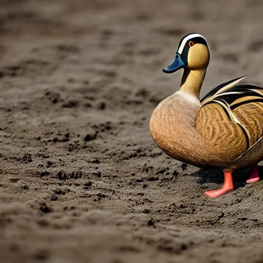 Image similar to dry mud. with duck. realistic photo. masterpiece. dirt.