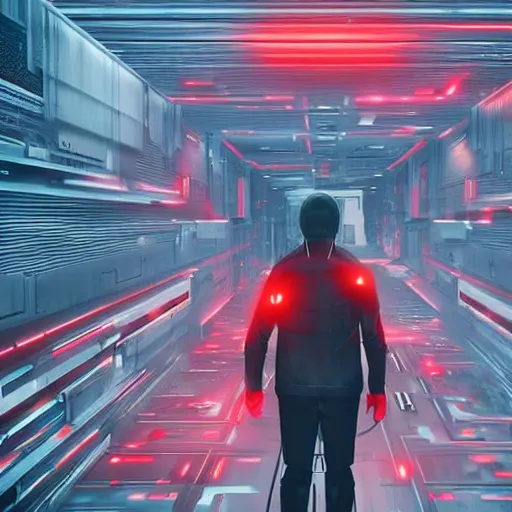 Image similar to photo of death walking in a futuristic city in a dystopian future made of electronic components and looks like a giant pcb board. Very detailed 8k. Unreal engine 5 render with nanite, global illumination and path tracing. Cinematic post processing. Emphasize on the colors black and red.