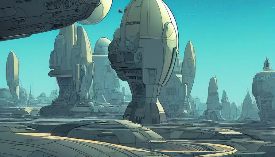 Prompt: futuristic alien outpost on a distant planet in style of moebius and cory loftis, very detailed, clean lines, atmospheric, vivid, wide angle