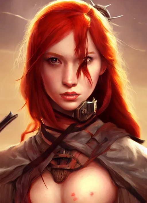 Image similar to Redhead girl which chest wrapped in bandages with katana in desert, fantasy, medieval, vivid colors, fantasy, elegant, concept art, sharp focus, beautiful face, digital art, Hyper-realistic, 4K, Unreal Engine, Highly Detailed, HD, Dramatic Lighting by Brom, trending on Artstation