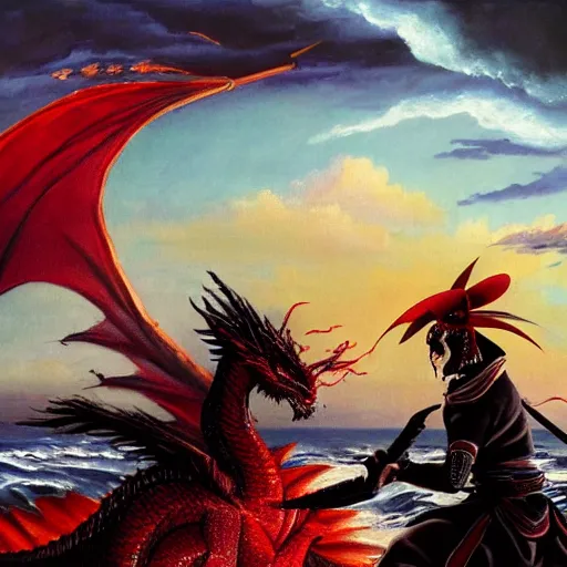 Image similar to great red bloody dragon goes against samurai and a beautiful geisha under intense dark clouds fighting tooth and blood over the great vast blue ocean oil painting 8 k