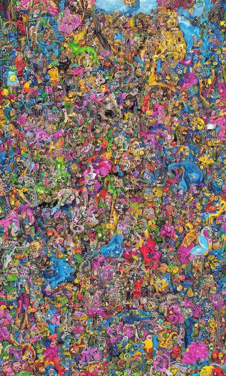 Image similar to an incredibly detailed masterpiece made out of pipecleaners of a I SPY puzzle by bosch and lisa frank, ornate, beautiful, gothic colors, detailed, high resolution, wow!, intricate