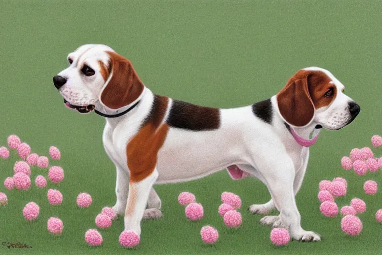 Prompt: white and brown beagle dog playing in a full of pink flowers, by Quint Buchholz, pastel colors