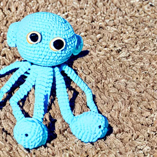 Prompt: cute fluffy light blue color spider with short arms and big eyes crochet doll standing on sand, hyperrealistic photograph, highly detailed, tactile, 8k, close up, macro