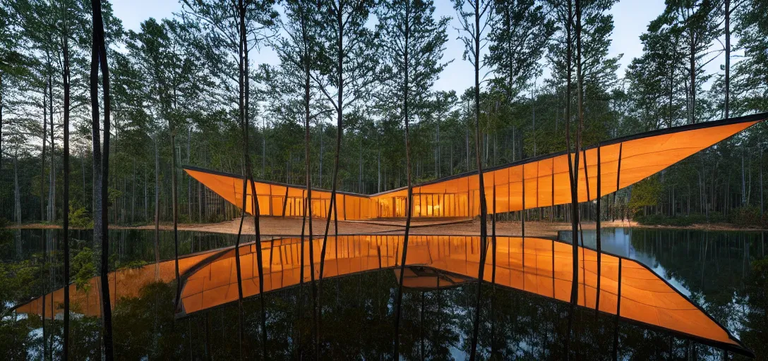 Image similar to faceted roof planes lift and descend creating shade and architectural expression, highly detailed, situated in the forest, next to a highly reflective lake, at dusk, vivid color