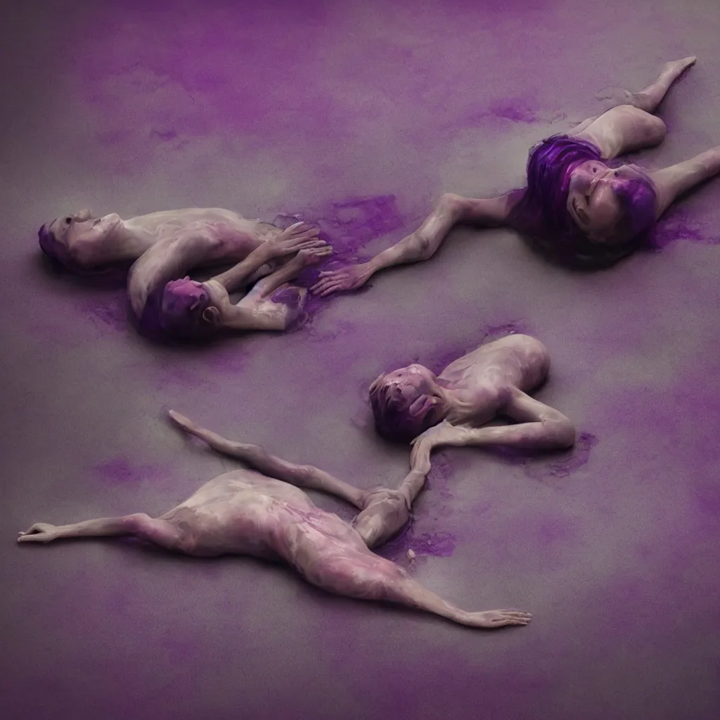 Image similar to iridiscent oil spill with women corpses connected by cables and computers to wax forms to a buried baby relaxing on yoga mat, faded, purple and red gradient, dust, purple fog, depth of field, by nadav kander and hans bellmer, 8 k, ultrarealistic, sad atmosphere, cinematic, 8 5 mm lens