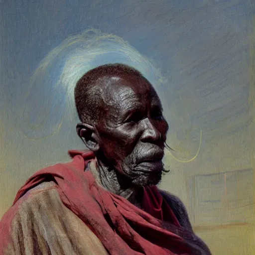 Image similar to a painting of a elegant well fed elder with few eyebrows and his on from Kenya by Henry Ossawa Tanner . dramatic angle, ethereal lights, details, smooth, sharp focus, illustration, realistic, cinematic, artstation, award winning, rgb , unreal engine, octane render, cinematic light, macro, depth of field, blur, red light and clouds from the back, highly detailed epic cinematic concept art CG render made in Maya, Blender and Photoshop, octane render, excellent composition, dynamic dramatic cinematic lighting, aesthetic, very inspirational, arthouse.