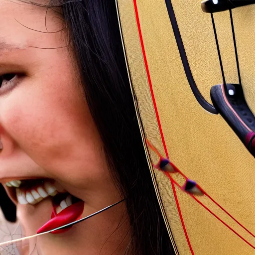 Image similar to photo realistic, consistent and highly detailed face, a attractive sports woman in archery, pointing his bow, uhd 8 k, highly detailed, sigma 8 5 mm f / 1. 4