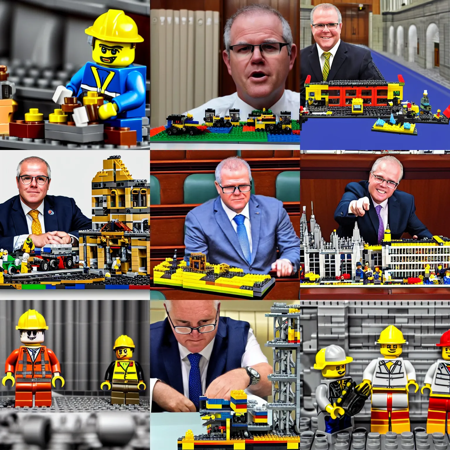 Prompt: scott morrison playing with his mining equipment lego set on the parliament floor, highly detailed photo, retouched in photo shop, detailed face, symmetrical eyes