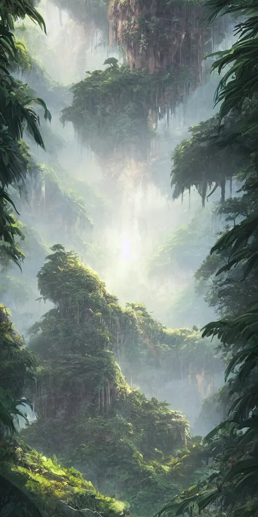 Image similar to jungle fortress high in the mountains, lush jungle, in the style Jordan grimmer, trending on art station