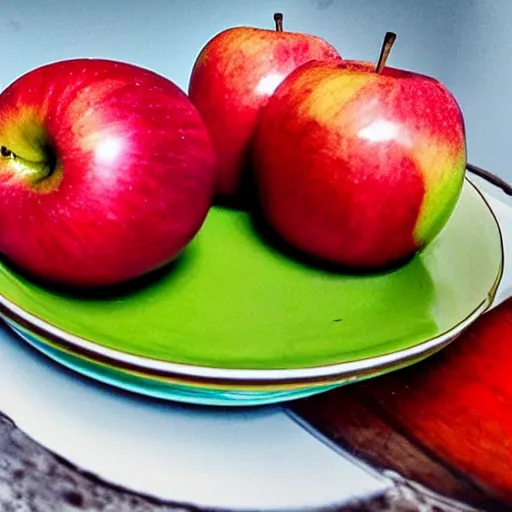 Image similar to a wide angle side view realistic photo of only 3 apples on a colorful plate, award winning