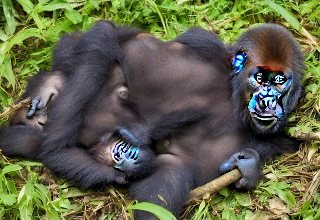 Prompt: “ a baby gorilla laying on the ground in the jungle, a jigsaw puzzle by alex petruk ape, trending on flickr, primitivism, national geographic photo, uhd image, creative commons attribution ”