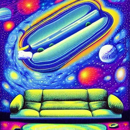 Image similar to psychedelic trippy couch in space, planets, milky way, sofa, cartoon by rob gonsalves