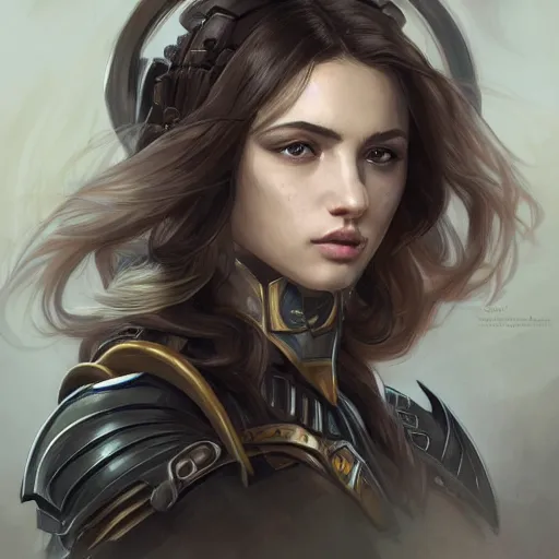 Prompt: a portrait of an attractive young woman, clothed in battle armor, olive skin, long dark hair, beautiful bone structure, symmetrical facial features, intricate, elegant, highly detailed, digital painting, trending on Artstation, concept art, smooth, sharp focus, illustration, in the style of artgerm and alphonse mucha