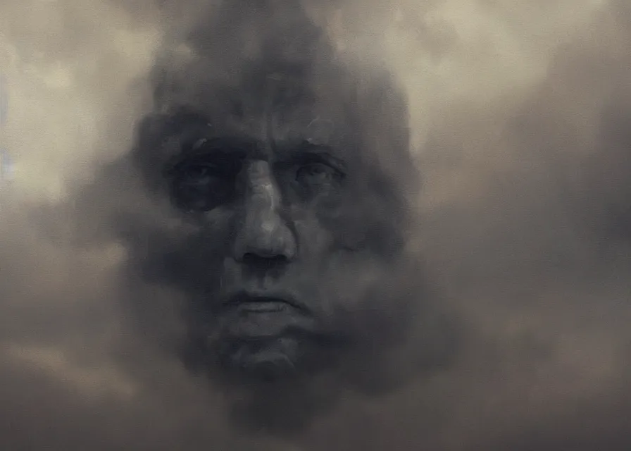 Prompt: abstract obscure painting of Joe Biden head emerging from thick dark clouds, immense crowd of varied people, cosmic horror , trending on ArtStation, masterpiece, by Greg Rutkowski, by Ross Tran, by Fenghua Zhong, octane, lightbeam eyes, soft render, clear facial features, oil on canvas, moody lighting, cinematic, professional detailed environmental concept art