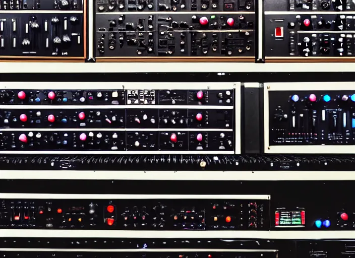 Prompt: photo still of a rack of synthesizers, 8 k