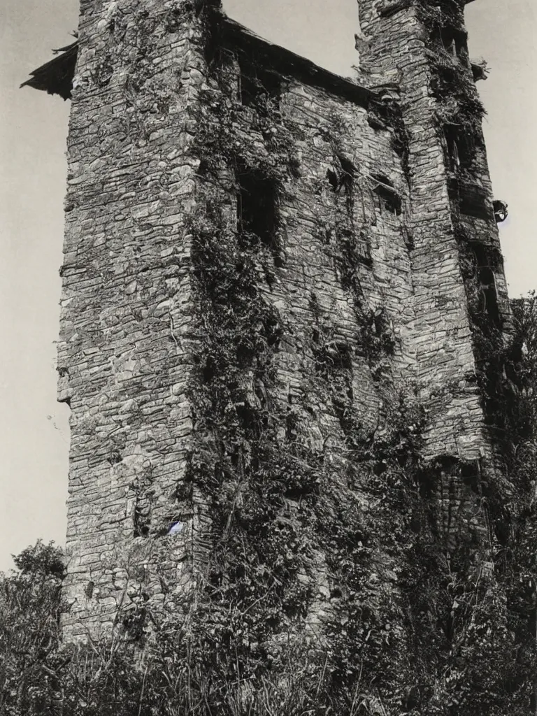 Prompt: The abandoned wizard\'s tower in the overgrown garden. Edward Weston.