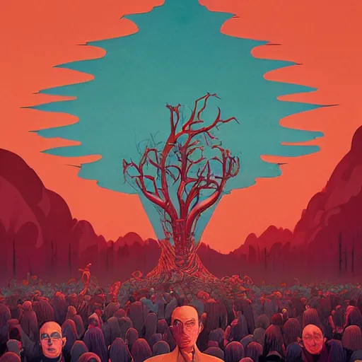 Image similar to poster artwork by Michael Whelan and Tomer Hanuka, Karol Bak of collective satori in a huge crowd, visual representation of collective consciousness, from scene from Twin Peaks, clean, simple illustration, nostalgic, domestic, full of details