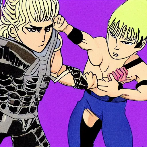 Prompt: Guts and Puck fighting Griffith