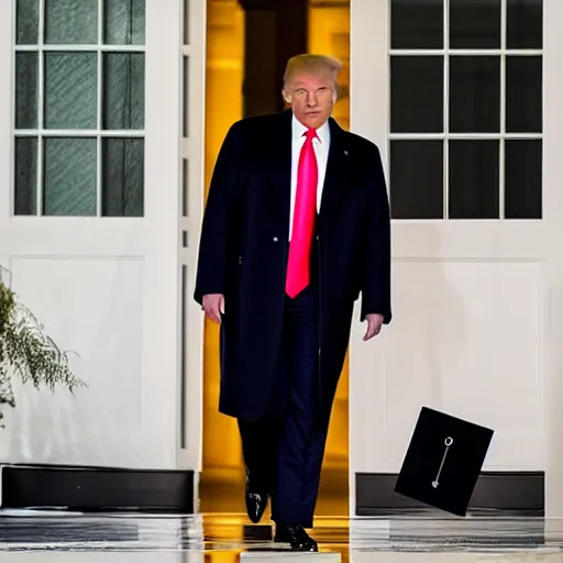 Image similar to Donald Trump entering meeting office of American Psycho, with a white card in his hand