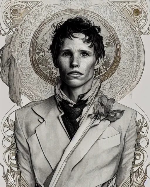 Image similar to amazing lifelike award winning pencil illustration of Eddie Redmayne trending on art station artgerm Greg rutkowski alphonse mucha j.c. Leyendecker cinematic