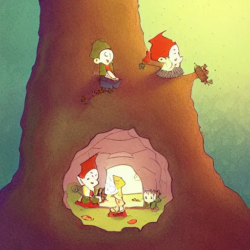 Prompt: a family of gnomes living inside a hollow in a tree, illustration by kerascoet, dynamic lighting