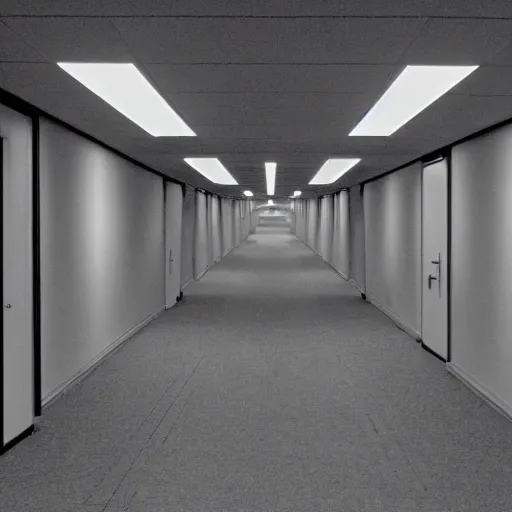 Prompt: the eerie halls of the scp foundation, unnerving mist, liminal