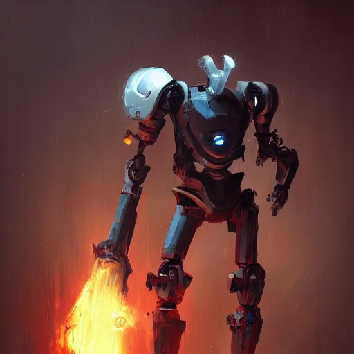 Prompt: a villan robot holding a powerful weapon, hyperrealistic, trending on art station, greg rutkowski