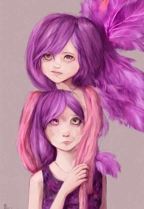 Image similar to little girl with eccentric pink hair wearing a dress made of purple feather, art by dcwj