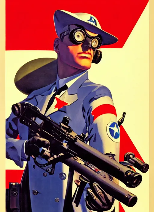 Prompt: american propaganda poster. cyberpunk spy. portrait by jean giraud and anton otto fischer and john philip falter and will eisner and gil elvgren. realistic proportions. tf 2, overwatch.