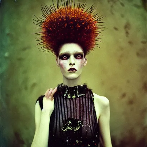 Prompt: kodak portra 4 0 0, wetplate, photo, surreal, weird fashion, in the nature, highly detailed face, very beautiful model, portrait, ultra - realistic and lifelike eyes, close up, extravagant dress, carneval, animal, wtf, photographed by paolo roversi style and julia hetta