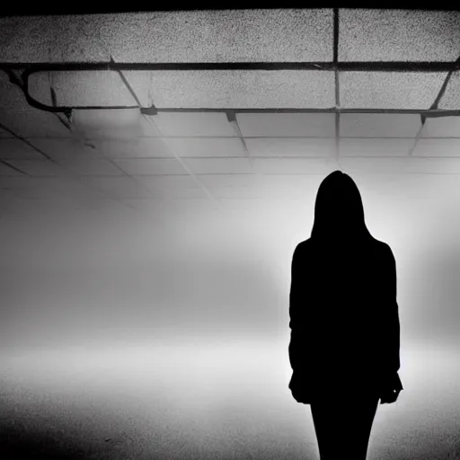 Prompt: dim lights shining through dark fog, emptiness, lonely girl standing small, silhouette, spooky found footage, dramatic contrast
